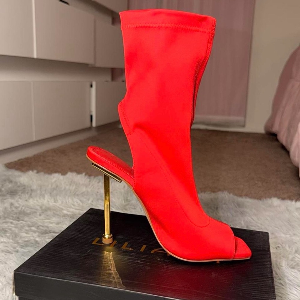 Liliana Red Peep-Toe Stiletto Sock Heel with Gold Accent